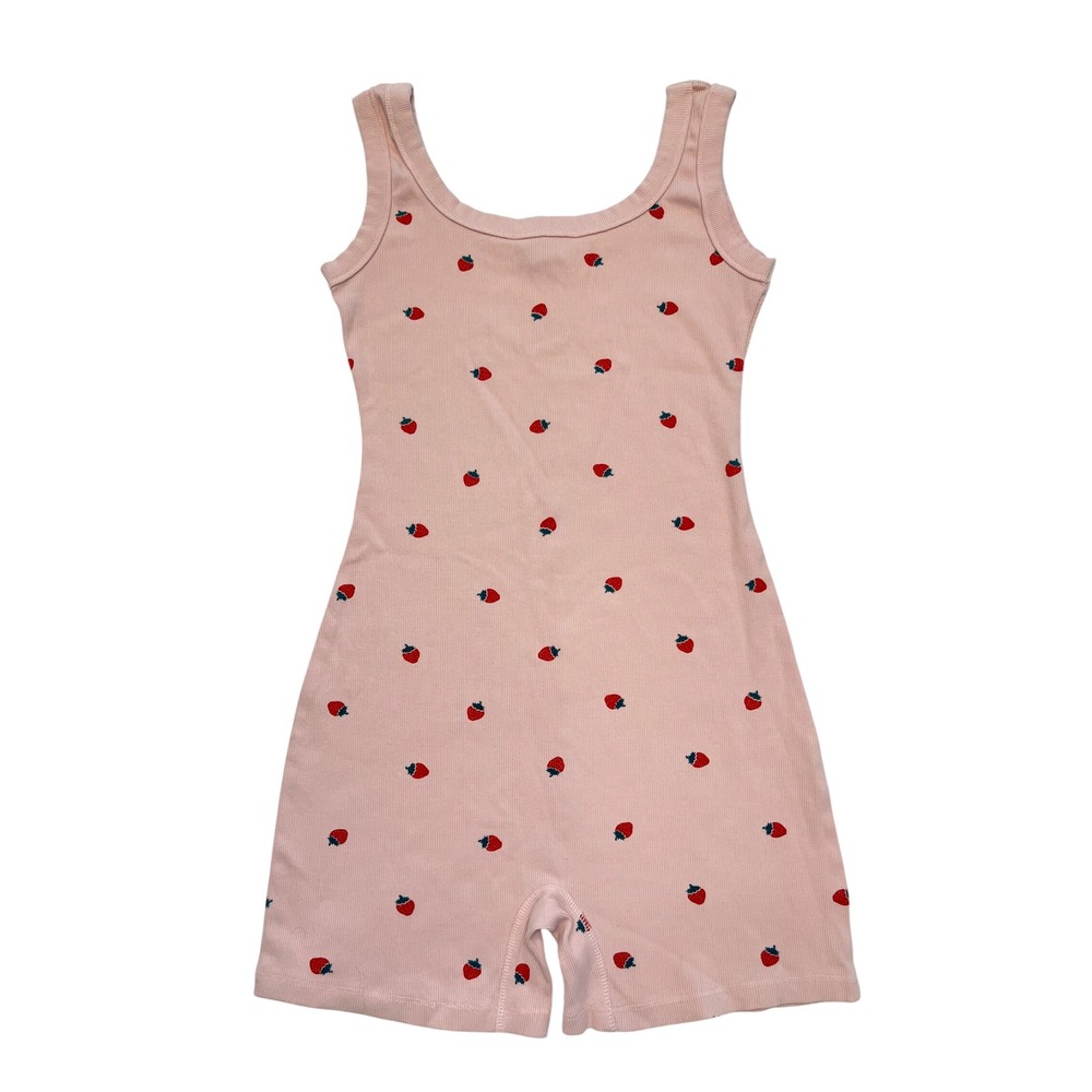 Messy Bun Just Chillin Pink Strawberry Ribbed Knit Comfy Tank Romper Size S/M